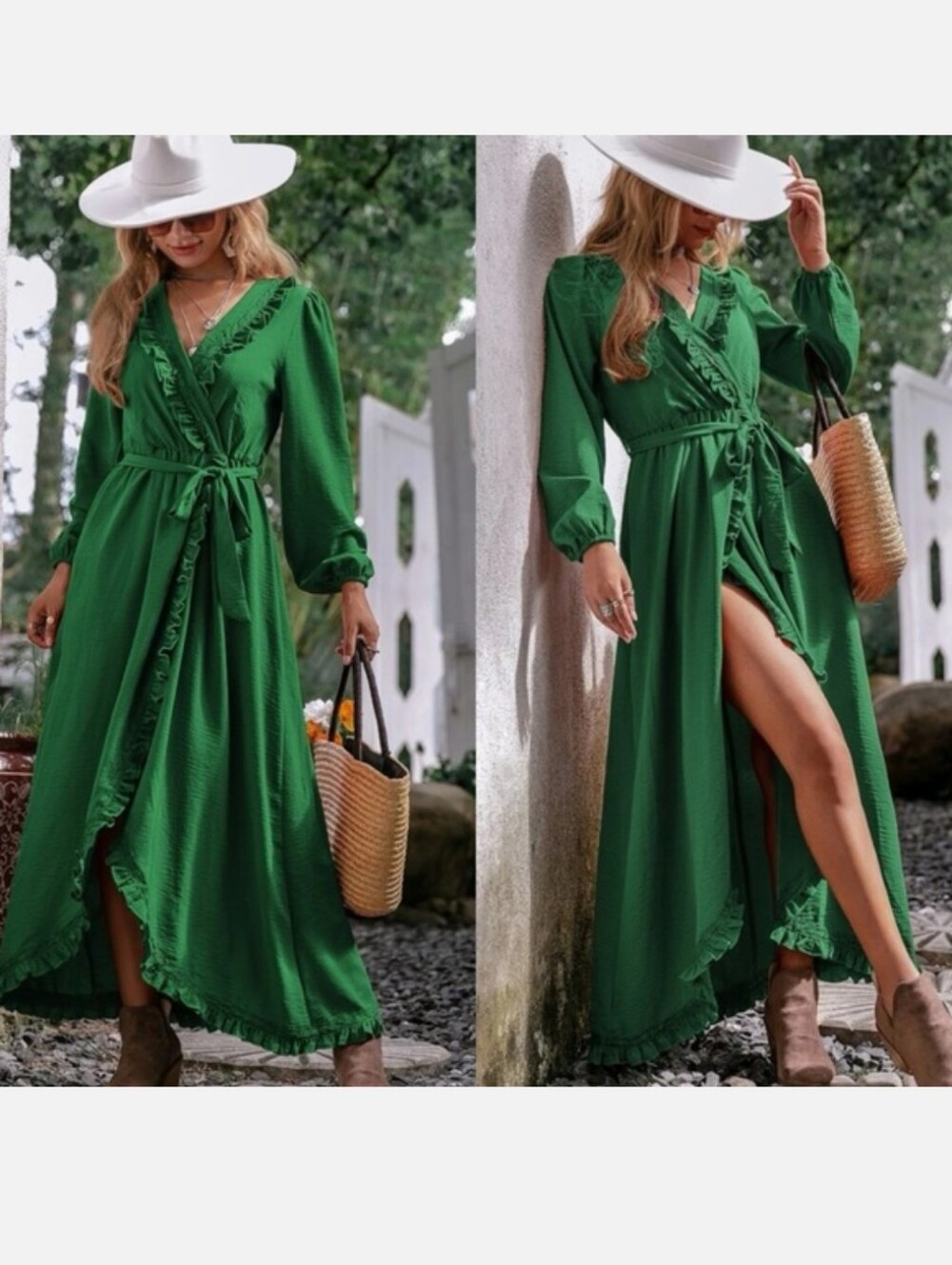 Simplee Apparel Green Wrap Maxi Dress with Ruffle Trim